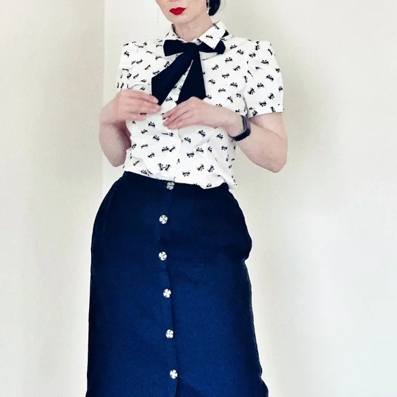 💄Retro Pinup 50s 40s Inspired Puff Sleeve Bow Blouse💋 - Picture 8 of 8